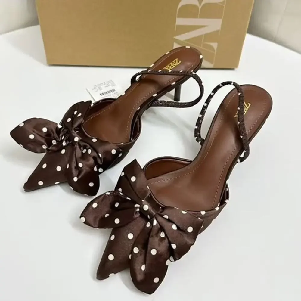 ZARA Polka Dot Bow Slingback Heels NWT Brown Pointed Toe Kitten Heel 6.5